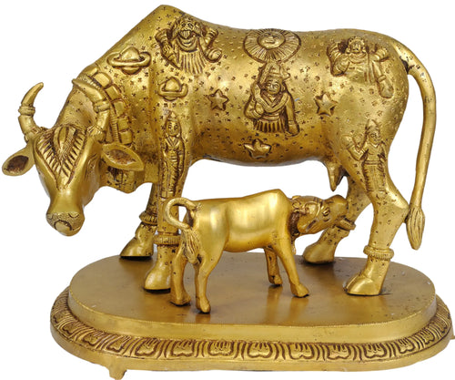 7" Cow and Calf Brass Idol for Home Pooja