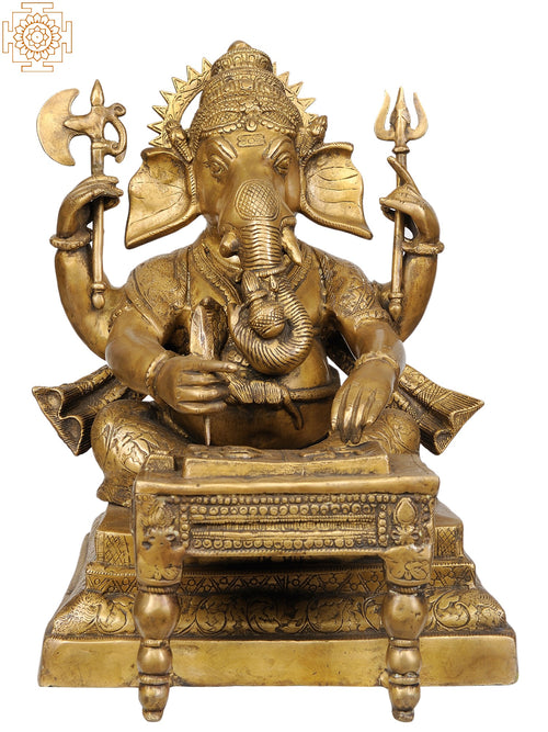 18" Lord Ganesha Writing Mahabharata Brass Statue