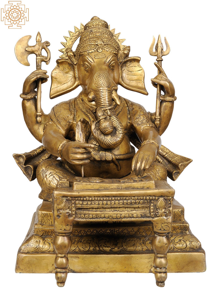 18" Lord Ganesha Writing Mahabharata Brass Statue