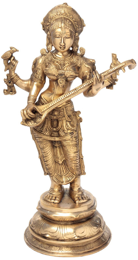 23" Four-Armed Standing Saraswati In Brass | Handmade | Made In India