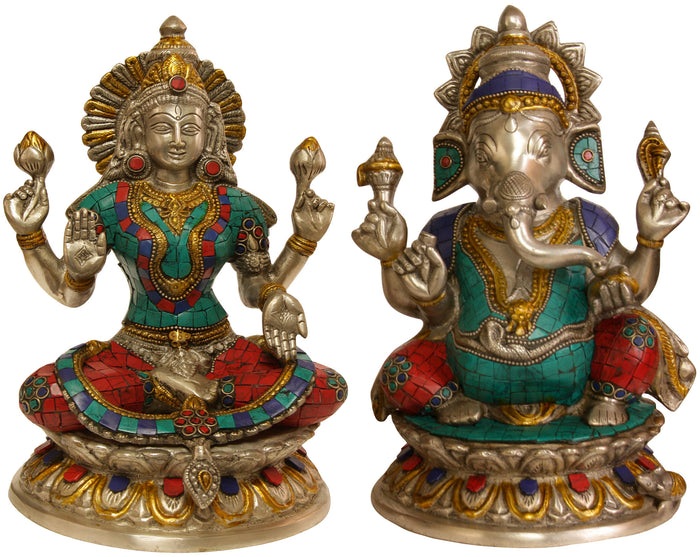 9" Lakshmi Ganesha Brass Statue with Inlay Handmade