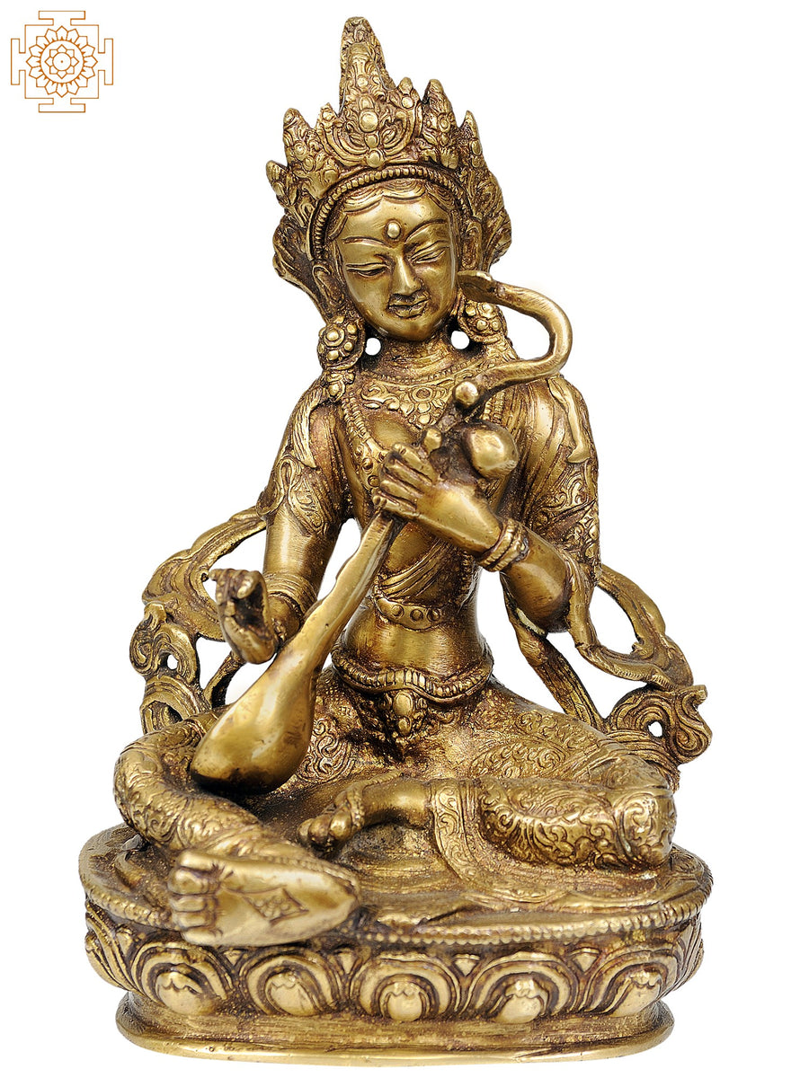 5" Goddess Saraswati Handmade Brass Idol for Pooja