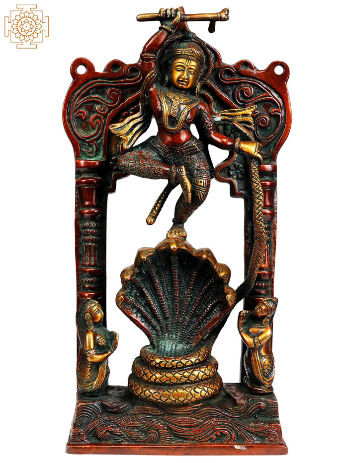 12" Lord Krishna Vanquishes Kaliya Brass Statue Handmade