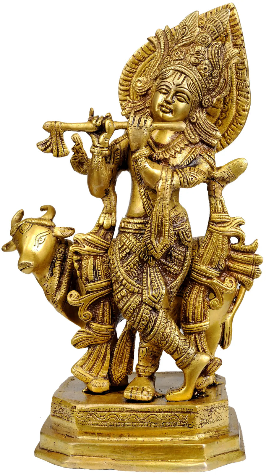 12" Venugopala Brass Idol - Handmade Krishna with Cow Statue
