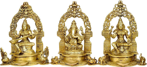9" Saraswati Ganesha Lakshmi Brass Oil Lamp Handmade