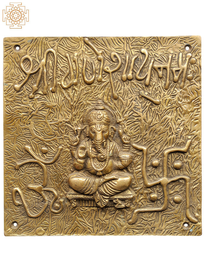 8" Brass Lord Ganesha Square Plate Handmade Statue
