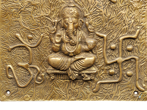 8" Lord Ganesha Square Plate with the Syllable Shri Ganesha Namah in Brass | Handmade | Made in India