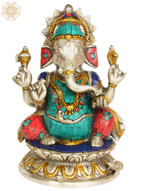 9" Brass Lord Ganesha Idol Granting Abhaya Mudra | Handmade Inlay Statue | Made in India