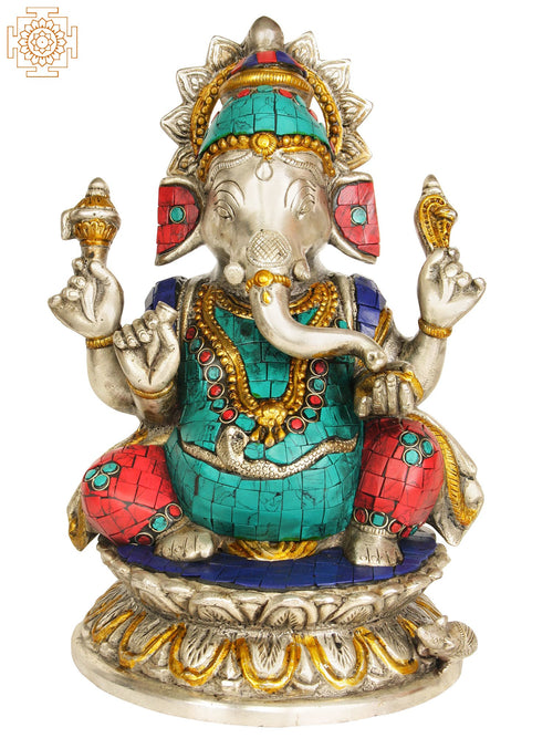 9" Brass Lord Ganesha Idol with Abhaya Mudra Handmade Inlay Statue