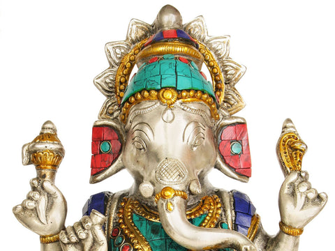 9" Brass Lord Ganesha Idol Granting Abhaya Mudra | Handmade Inlay Statue | Made in India