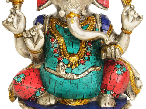 9" Brass Lord Ganesha Idol Granting Abhaya Mudra | Handmade Inlay Statue | Made in India