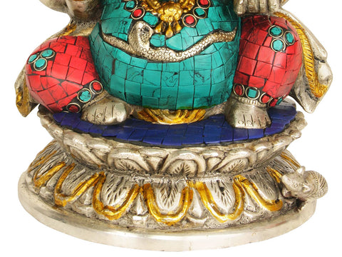 9" Brass Lord Ganesha Idol Granting Abhaya Mudra | Handmade Inlay Statue | Made in India