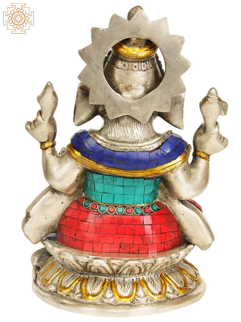 9" Brass Lord Ganesha Idol Granting Abhaya Mudra | Handmade Inlay Statue | Made in India