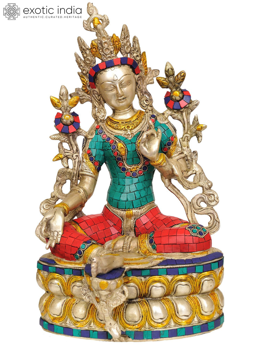 14" Green Tara Brass Statue - Tibetan Buddhist Goddess Handmade