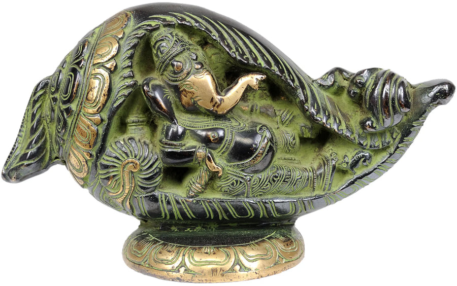 Lord Ganesha Brass Statue Relaxing in Conch Shell