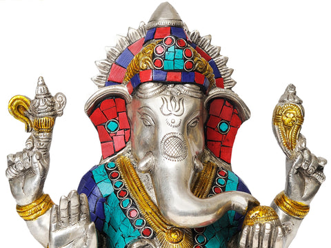 8" Brass Lord Ganesha Idol Seated in Ease Posture | Handmade Inlay Statue | Made in India