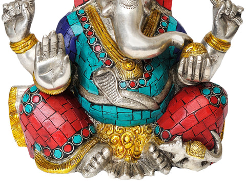 8" Brass Lord Ganesha Idol Seated in Ease Posture | Handmade Inlay Statue | Made in India