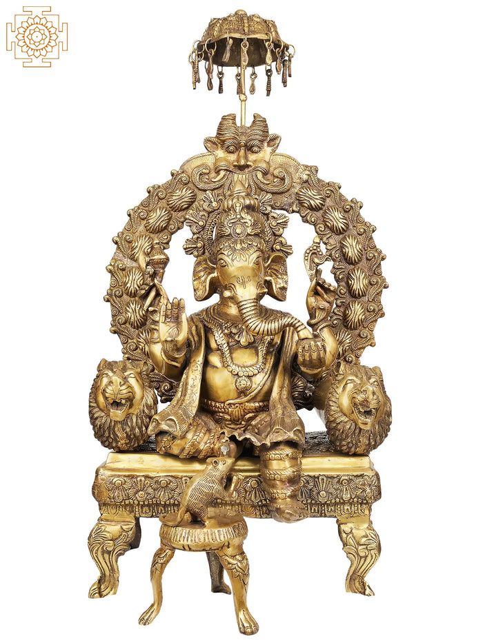 34" Large Size Enthroned Ganesha In Brass | Handmade | Made In India