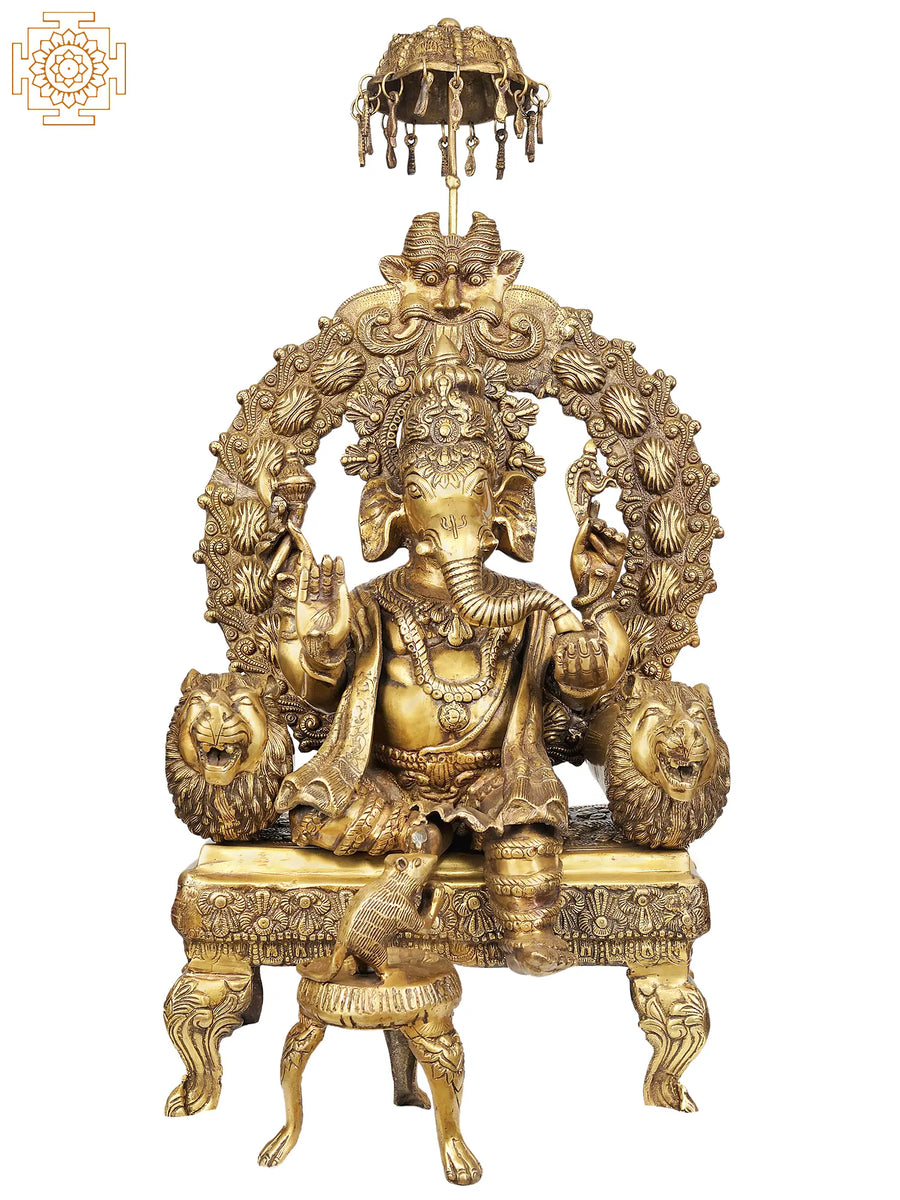 34" Large Enthroned Ganesha Brass Statue Handmade