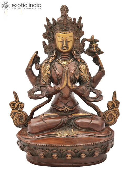 8" Chenrezig Brass Statue (Shadakshari Lokeshvara) - Handmade