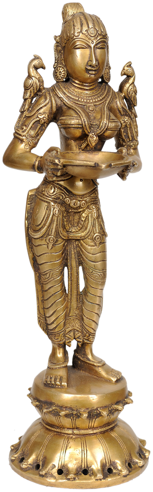 15" Brass Deeplakshmi with Parrot Handmade Statue