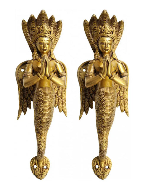 Brass Naga-Kanya Door Handles Pair Auspicious Protection