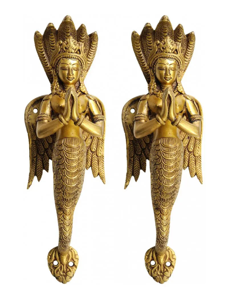 Brass Naga-Kanya Door Handles Pair Auspicious Protection