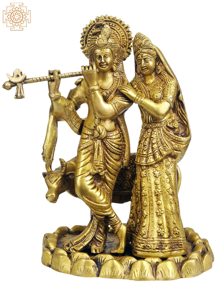 10" Radha-Krishna with Cow Handmade Brass Idol for Pooja