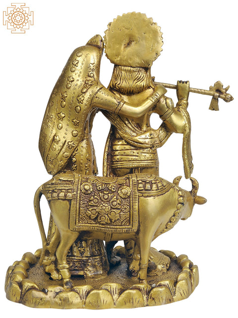 10" Radha-Krishna with Cow In Brass | Handmade | Made In India