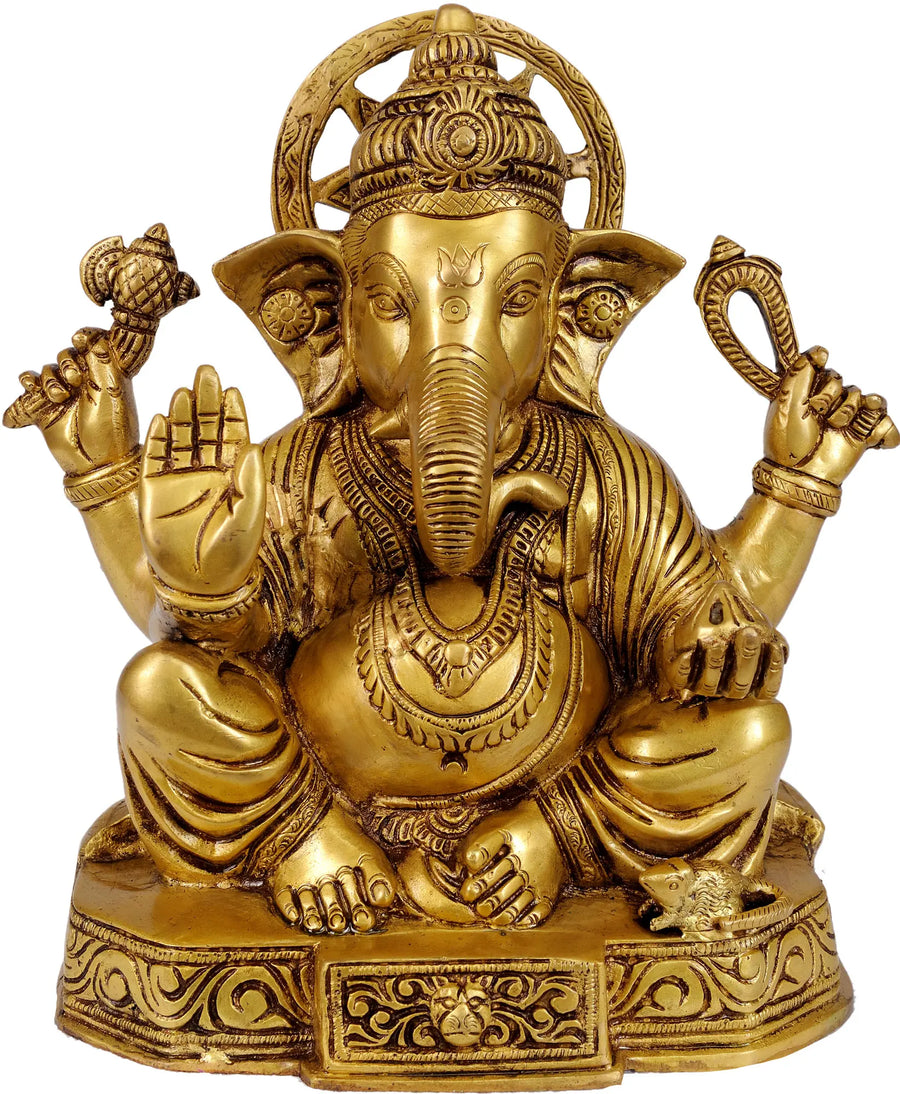 11" Four-Armed Seated Ganesha Brass Statue Handmade
