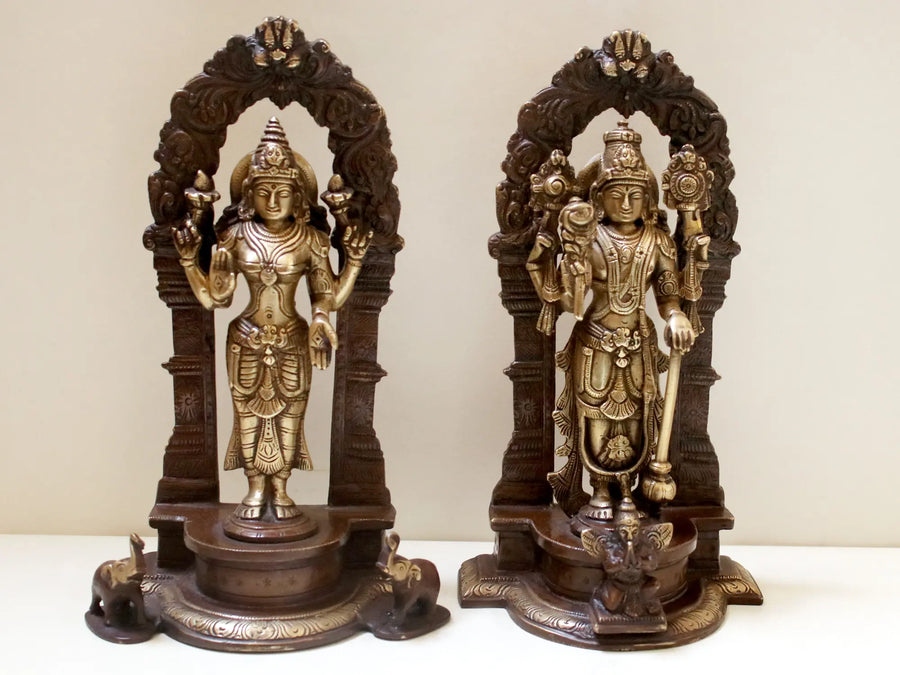 9" Brass Lord Vishnu and Goddess Lakshmi Standing Statue