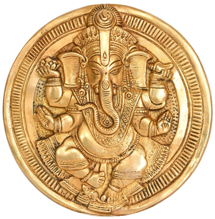 6" Lord Ganesha Brass Wall Hanging Plate Handmade
