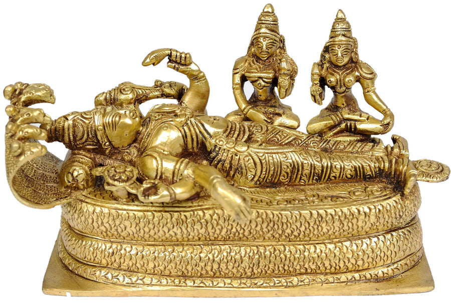 Shesha-Shayi Vishnu with Shridevi and Bhudevi Brass Idol