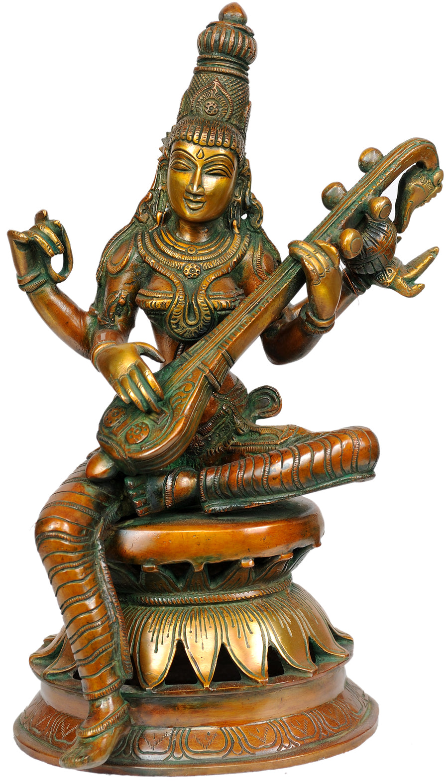 12" Handmade Brass Goddess Saraswati Statue Seated on Lotus Throne