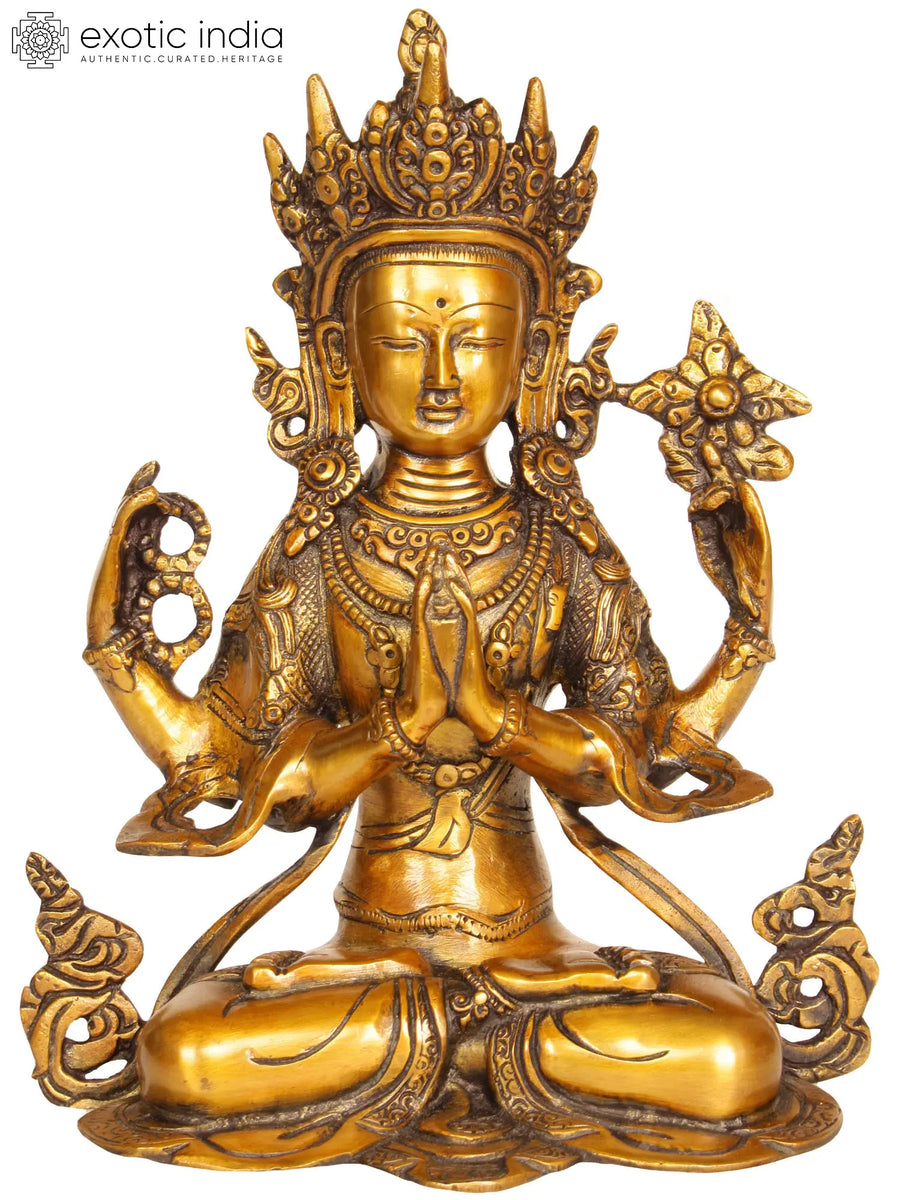 10" Chenrezig Brass Statue - Handmade Tibetan Buddhist Deity Sculpture