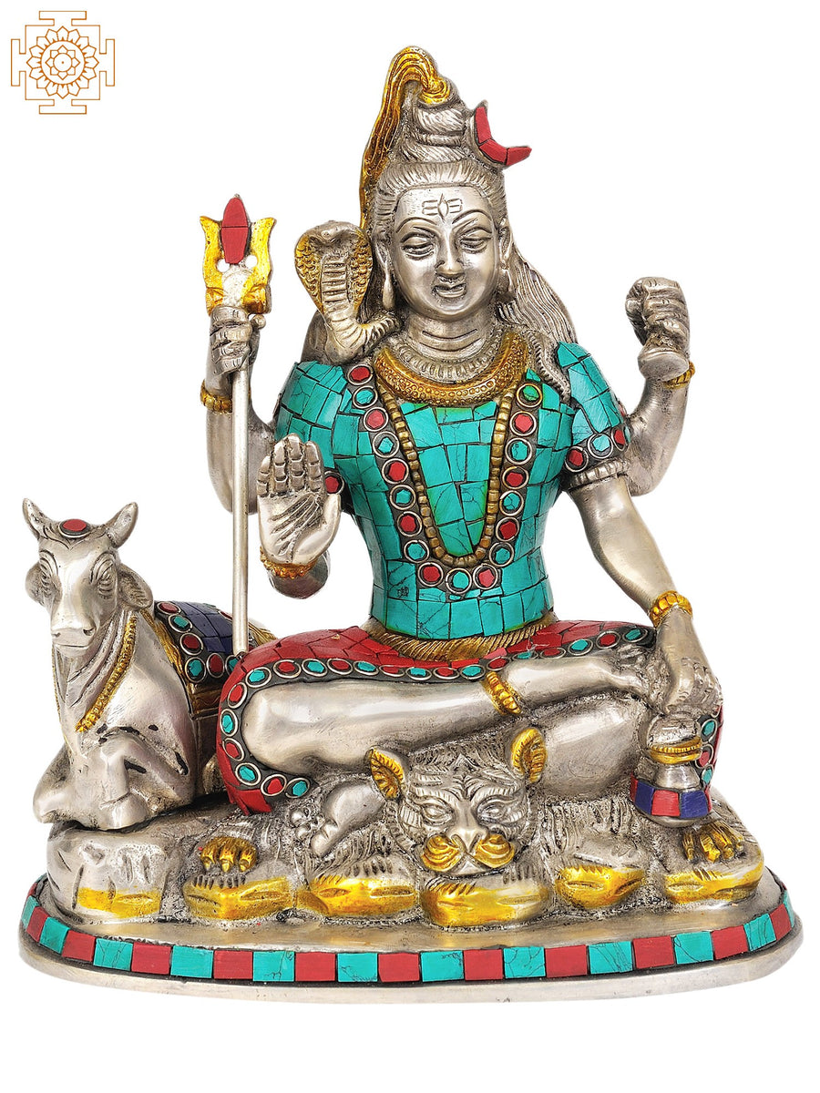 9" Shiva and Nandi Inlay Brass Statue Handmade