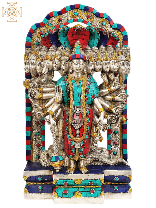14" Brass Vishvarupa Vishnu Inlay Statue Handmade