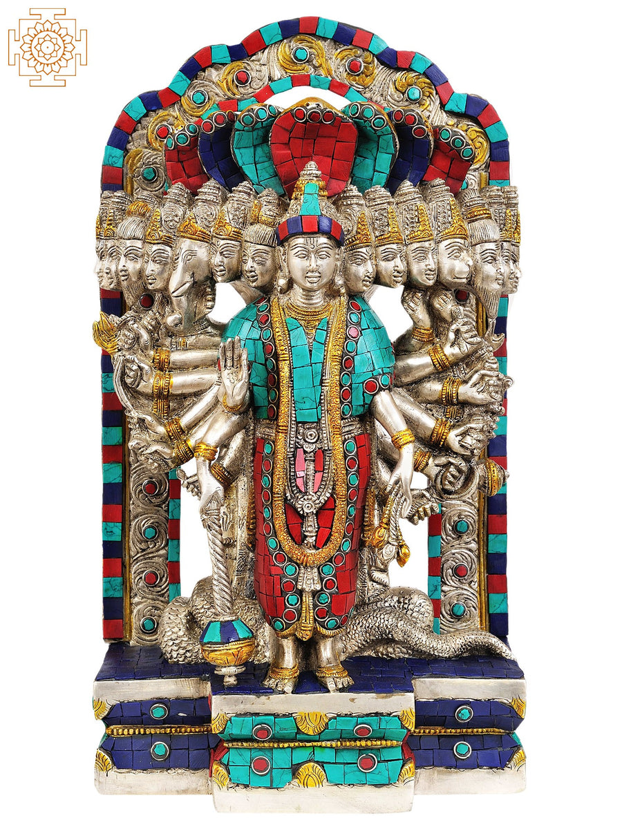 14" Brass Vishvarupa Vishnu Inlay Statue Handmade