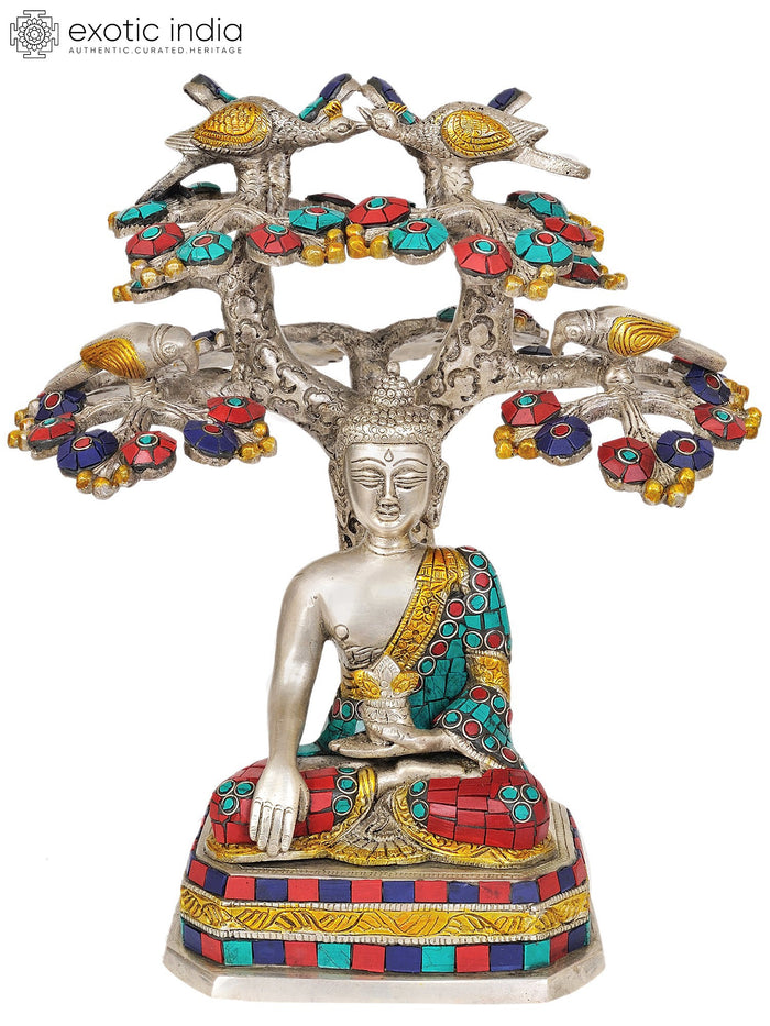 11" Buddha Under Bodhi Tree Handmade Brass Inlay Statue