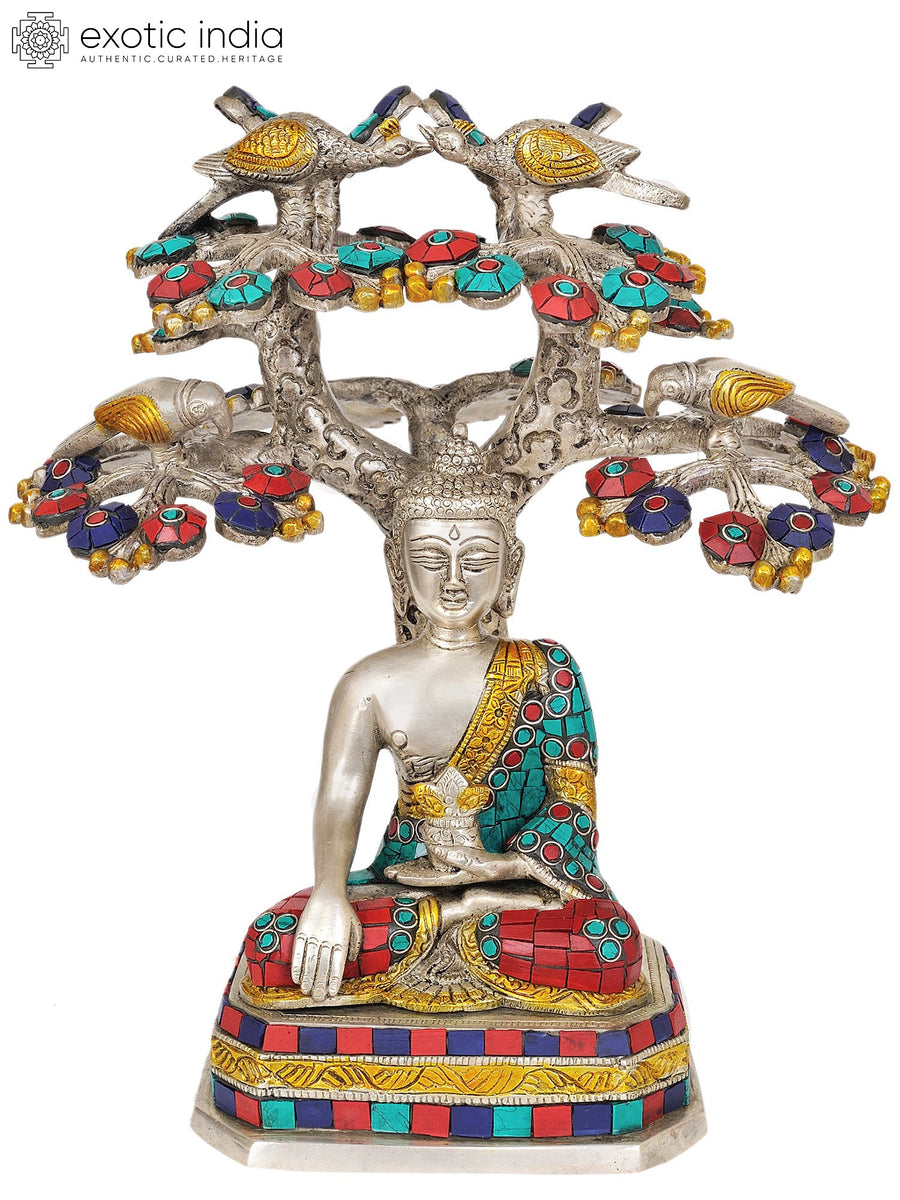 11" Buddha Under Bodhi Tree Handmade Brass Inlay Statue