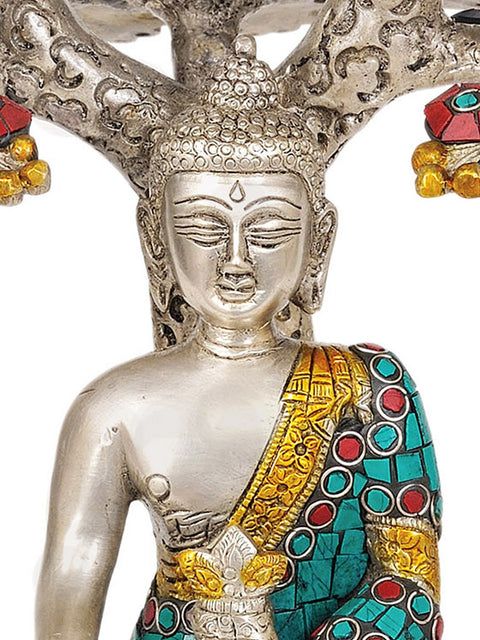 11" The Buddha Under the Bodhi-Tree (Inlay Statue) In Brass | Handmade | Made In India