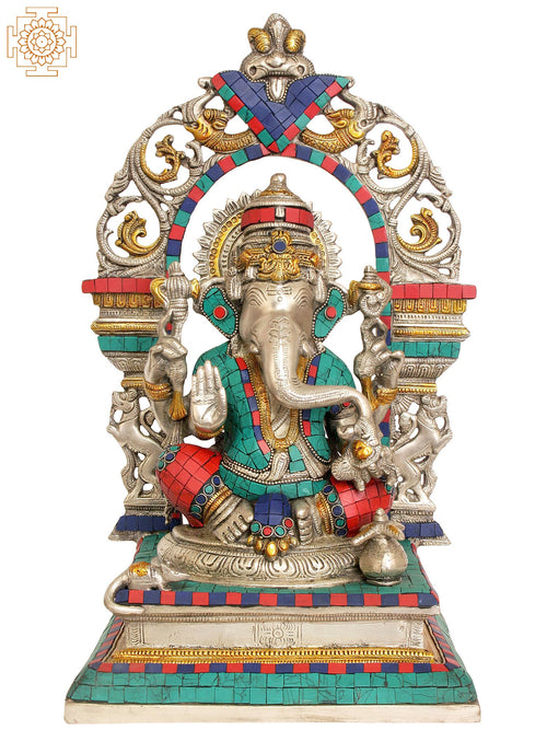 15" Enthroned Ganesha Brass Statue with Inlay Handmade