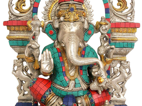 15" Enthroned Ganesha (Inlay Statue) In Brass | Handmade | Made In India