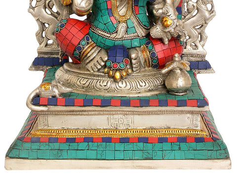 15" Enthroned Ganesha (Inlay Statue) In Brass | Handmade | Made In India