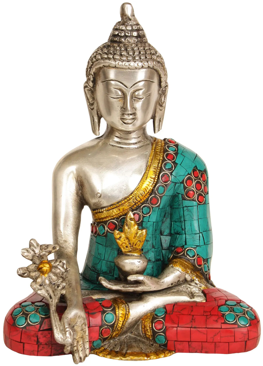 7" Handmade Brass Medicine Buddha Idol with Inlay Work