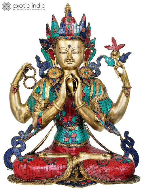 31" Shadakshari Lokeshvara Tibetan Buddhist Brass Statue Handmade