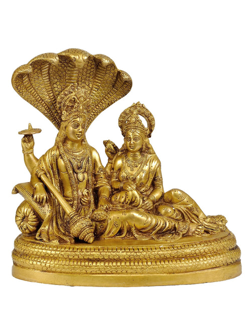 10" Brass Vishnu and Lakshmi Idol Seated on Sheshnag Handmade