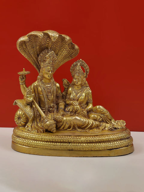10" Brass Bhagavan Vishnu and Devi Lakshmi Idol Seated on Sheshnag | Handmade | Made in India