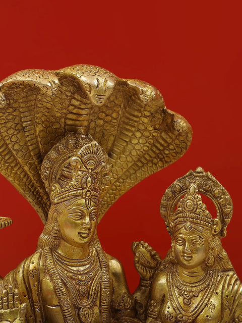 10" Brass Bhagavan Vishnu and Devi Lakshmi Idol Seated on Sheshnag | Handmade | Made in India