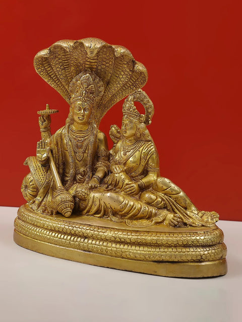 10" Brass Bhagavan Vishnu and Devi Lakshmi Idol Seated on Sheshnag | Handmade | Made in India